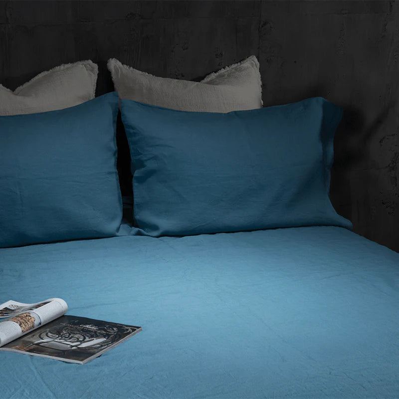 Essential Linen Sheet Set - Aruba Blue on bed