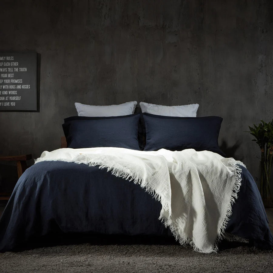Natural Linen Sheet Set – Deep Blue styled on bed