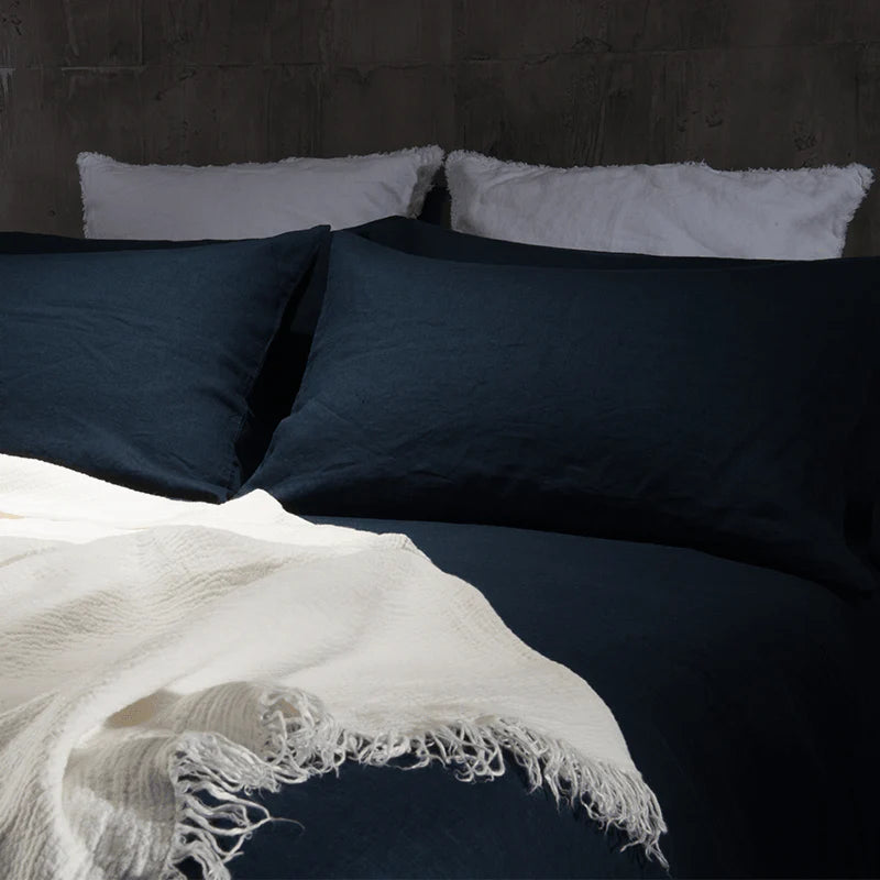 Natural Linen Sheet Set – Deep Blue close-up on bed
