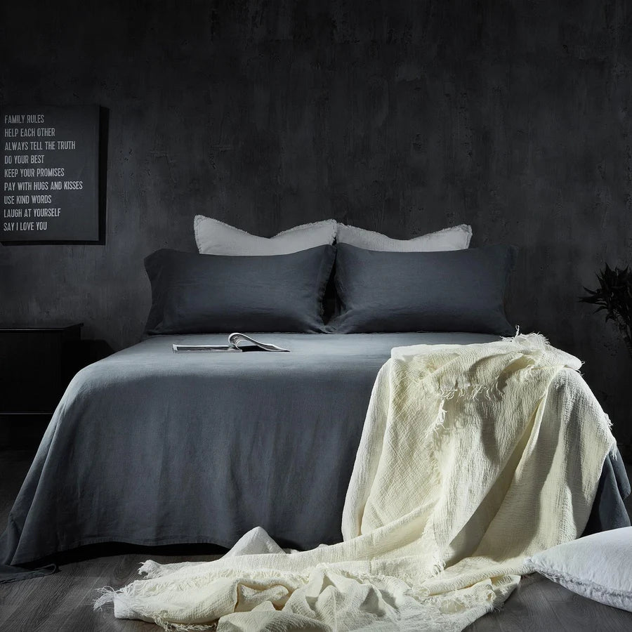 Linen Flat Sheet – Dusk Grey styled on bed